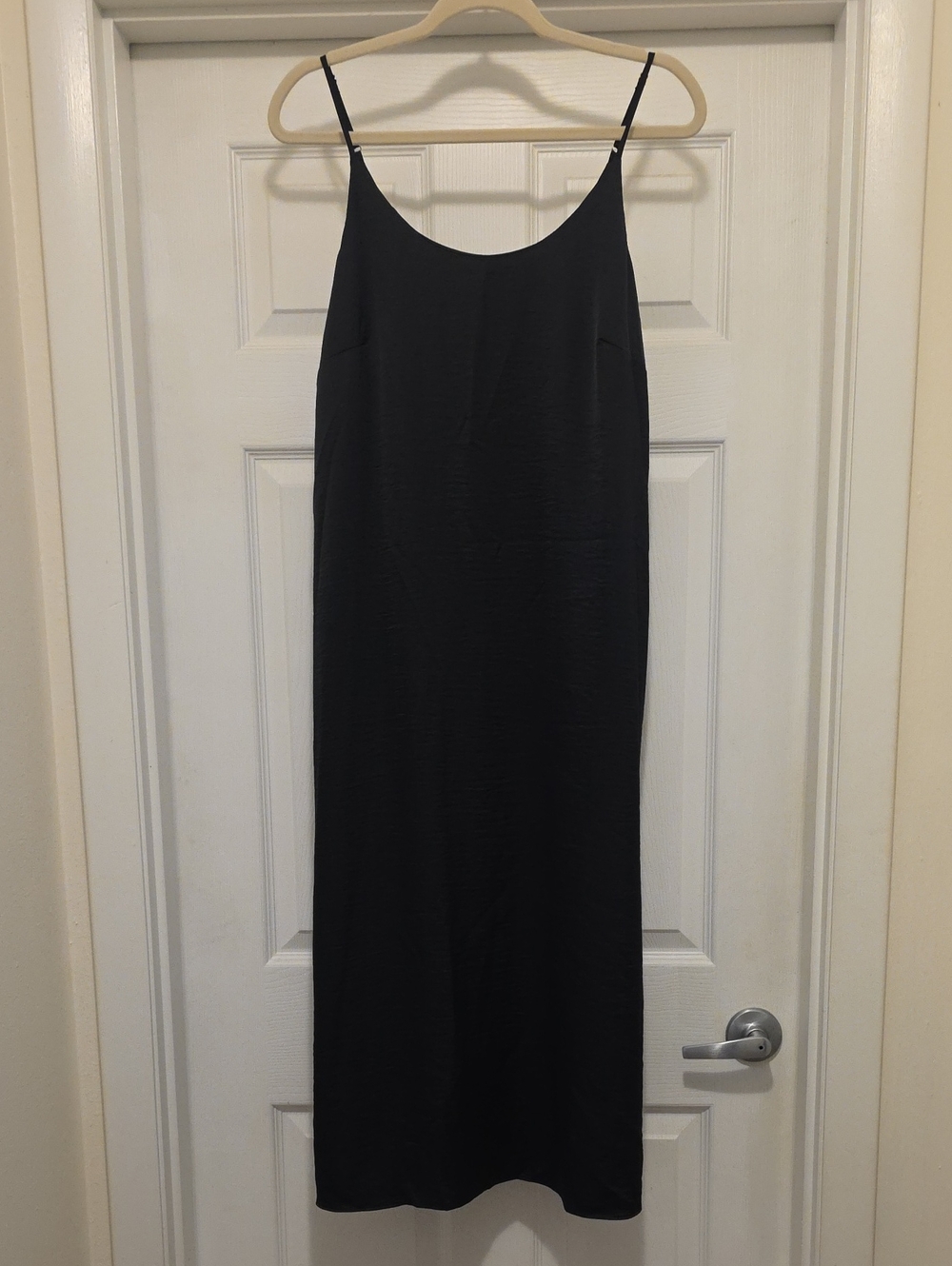 Auden Black Satin Chemise with Adjustable Spaghetti Straps And Back Mesh Insert